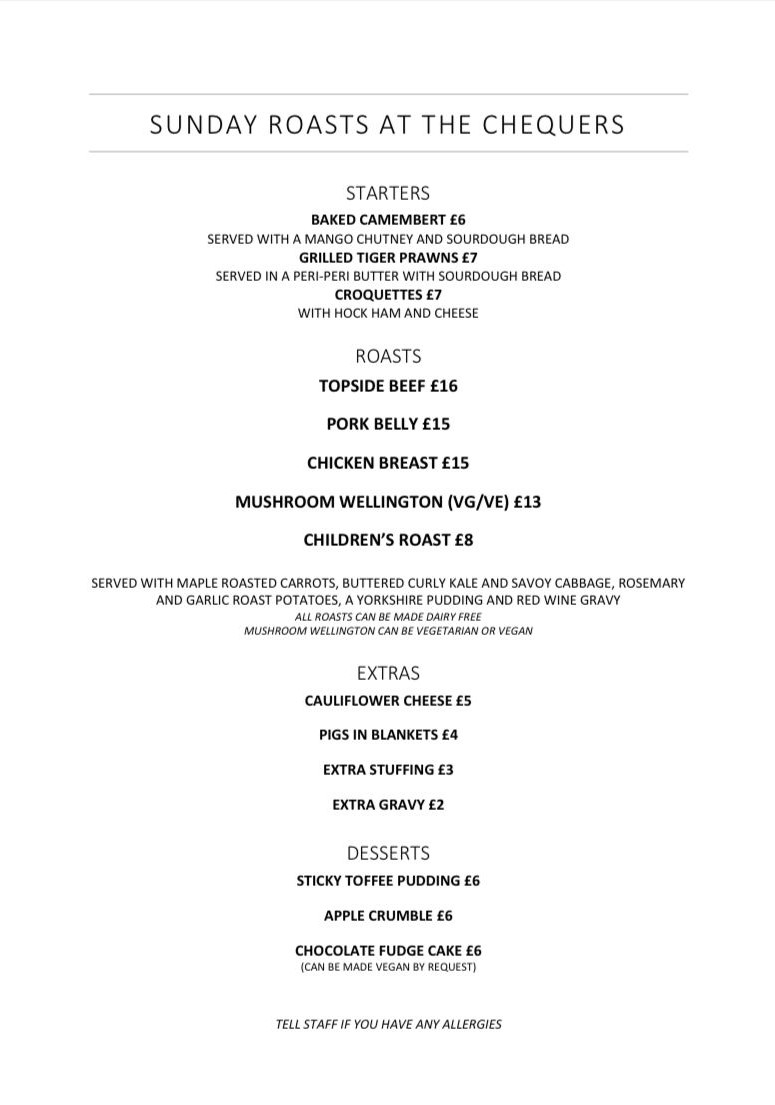 Image of the Sunday roast menu for the Chequers pub in Walthamstow